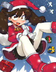 Rule 34 | 1girl, :d, bell, black skirt, blush, boots, box, breath, brown eyes, brown hair, christmas, commentary request, fang, fur-trimmed jacket, fur-trimmed sleeves, fur trim, gift, gift box, gloves, hat, highres, holding, holding sack, jacket, kantai collection, korean commentary, lakilolom, legs up, long hair, looking at viewer, open mouth, pantyhose, pleated skirt, red footwear, red hat, red jacket, ryuujou (kancolle), sack, santa costume, santa hat, shirt, skirt, smile, solo, twintails, v-shaped eyebrows, white gloves, white pantyhose, white shirt