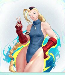 Rule 34 | 1girl, ahoge, arm strap, artist name, bare shoulders, blonde hair, blue eyes, braid, braided ponytail, breasts, cammy white, contrapposto, covered abs, covered navel, curvy, facial scar, fingerless gloves, gabriel carrasquillo, garrison cap, gloves, green leotard, hand on own hip, hand up, hat, highleg, highleg leotard, highres, huge ahoge, leotard, long hair, looking at viewer, parted lips, red gloves, scar, scar on cheek, scar on face, shiny skin, sleeveless turtleneck leotard, small breasts, solo, street fighter, taut leotard, thick thighs, thighs, thong leotard, toned, twin braids, v, very long hair, wide hips, wrist guards