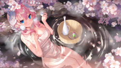 Rule 34 | 1girl, 3:, absurdres, bare arms, bare shoulders, bathing, blue eyes, blush, bottle, breasts, bucket, cherry blossoms, cleavage, closed mouth, collarbone, cup, dango, feather hair ornament, feathers, feet out of frame, food, hair between eyes, hair ornament, hand on own chest, highres, holding, holding cup, indie virtual youtuber, large breasts, long hair, looking at viewer, low twintails, naked towel, onsen, partially submerged, petals, pink hair, rock, sakurada hane, shanguier, sitting, solo, spring (season), steam, towel, twintails, virtual youtuber, wagashi, water, wooden bucket