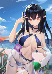 Rule 34 | 1girl, absurdres, arknights, bare arms, bare shoulders, beach, beach umbrella, bikini, bird, black choker, black hair, blue bikini, blue sky, breasts, choker, closure (arknights), cloud, commentary, cowboy shot, day, flower, food, fruit, hair between eyes, halterneck, hand up, highres, large breasts, lcy bingzi, long hair, looking at viewer, nail polish, navel, o-ring, o-ring bikini, ocean, orange umbrella, outdoors, pink nails, pointy ears, purple flower, red eyes, sarong, sky, smile, solo, standing, stomach, swimsuit, thighs, two side up, umbrella, v, water, watermelon