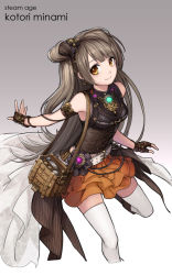 Rule 34 | 10s, 1girl, alternate costume, armlet, bag, belt, boots, brown hair, buckle, character name, closed mouth, corset, curry bowl, earrings, eyebrows, fingerless gloves, frilled skirt, frills, gem, gloves, gradient background, grey hair, hair ornament, jewelry, layered skirt, long hair, looking at viewer, love live!, love live! school idol festival, love live! school idol project, minami kotori, miniskirt, one side up, orange skirt, shirt, skirt, sleeveless, sleeveless shirt, smile, solo, steampunk, striped, thighhighs, very long hair, white thighhighs, yellow eyes, zettai ryouiki