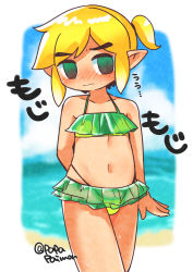 Rule 34 | 1boy, absurdres, arm at side, arm behind back, artist name, blonde hair, blue sky, blurry, blurry background, blush, border, child, closed mouth, cloud, collarbone, crossdressing, day, dot nose, embarrassed, green eyes, green one-piece swimsuit, highres, link, looking at viewer, male focus, navel, nintendo, one-piece swimsuit, outside border, papapaimon, pointy ears, ponytail, sidelocks, sky, solo, standing, stomach, sweat, swimsuit, the legend of zelda, toon link, trap, water, white border