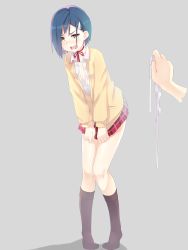 Rule 34 | 10s, 1girl, absurdres, artist request, black socks, blue hair, blush, bra, unworn bra, cardigan, choker, clothes theft, collared shirt, covering privates, covering crotch, crying, crying with eyes open, darling in the franxx, disembodied hand, embarrassed, feet, flat chest, full body, green eyes, grey background, highres, holding, holding clothes, holding underwear, ichigo (darling in the franxx), kneehighs, knees together feet apart, name connection, panties, unworn panties, red ribbon, red skirt, ribbon, ribbon choker, school uniform, shirt, simple background, skirt, skirt tug, socks, solo focus, standing, tagme, tears, theft, unbuttoned, unbuttoned shirt, underwear, underwear theft, wavy mouth, white panties, white shirt