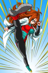 Rule 34 | 1girl, absurdres, android 21, black pantyhose, blue eyes, boots, dragon ball, dragon ball fighterz, dress, earrings, full body, glasses, high heel boots, high heels, high kick, highres, jewelry, kicking, lab coat, long hair, long sleeves, looking at viewer, multicolored boots, multicolored clothes, multicolored dress, nail polish, pantyhose, red hair, turtleneck, turtleneck dress