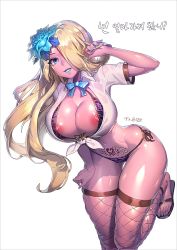 Rule 34 | 00s, 1girl, animal print, bad id, bad pixiv id, bikini, blonde hair, blue eyes, blue lips, blue nails, bow, breasts, colored skin, dungeon and fighter, fishnet thighhighs, fishnets, flower, front-tie top, hair bow, hair flower, hair ornament, hair over one eye, heart, heart tattoo, korean text, large breasts, leopard print, lipstick, long hair, looking at viewer, makeup, mascara, muloli, nail polish, narrow waist, nipple slip, nipples, parted lips, pubic tattoo, sharan (dungeon and fighter), side-tie bikini bottom, skindentation, solo, swimsuit, tattoo, thigh gap, thighhighs