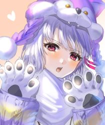 Rule 34 | 1girl, ahatsu235, animal hands, animal hood, blush, breasts, fate/grand order, fate (series), gloves, hair ribbon, highres, hood, kama (dream portrait) (fate), kama (fate), large breasts, looking at viewer, open mouth, paw gloves, red eyes, ribbon, short hair, solo, white hair