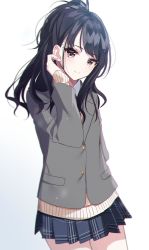 Rule 34 | 1girl, bad id, bad twitter id, black eyes, black hair, blouse, blush, cardigan, closed mouth, collared shirt, cowboy shot, gradient background, grey background, hand up, head tilt, high ponytail, highres, idolmaster, idolmaster shiny colors, kazano hiori, long hair, long sleeves, looking at viewer, misumi (macaroni), mole, mole under mouth, plaid, plaid skirt, pleated skirt, ponytail, school uniform, shirt, sidelocks, simple background, skirt, smile, solo, standing, swept bangs, wavy hair, white background, white shirt