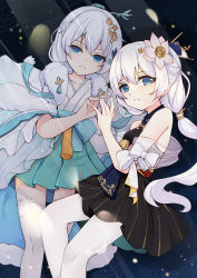 Rule 34 | 2girls, bare shoulders, blue eyes, china dress, chinese clothes, dress, dual persona, flower, grin, hair flower, hair ornament, highres, honkai (series), honkai impact 3rd, long hair, looking at viewer, multiple girls, open mouth, qingye ling, sleeveless, smile, teeth, theresa apocalypse, zhuge kongming (honkai impact), thighhighs, white flower, white hair, white legwear, zhuge kongming (honkai impact)