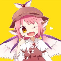 Rule 34 | 1girl, animal ears, bird ears, bird wings, blush, brown dress, brown headwear, dress, earrings, fang, fingernails, frilled sleeves, frills, green nails, heart, jewelry, juliet sleeves, long fingernails, long sleeves, mystia lorelei, nail polish, one eye closed, open mouth, pink hair, puffy sleeves, short hair, simple background, single earring, smile, solo, touhou, upper body, white wings, wide sleeves, winged hat, wings, yamabuki (yusuraume), yellow background, yellow eyes