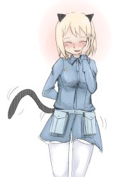 Rule 34 | 1girl, animal ears, bad id, bad pixiv id, blonde hair, blush, cat ears, cat tail, closed eyes, elma leivonen, gradient background, hand on own cheek, hand on own face, open mouth, pantyhose, smile, solo, strike witches, strike witches: suomus misfits squadron, tail, tail wagging, ukedachi, uniform, world witches series