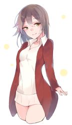 Rule 34 | 1girl, breasts, brown hair, collarbone, cowboy shot, cropped legs, hair between eyes, highres, hyakunin momoko, jacket, jewelry, long hair, looking at viewer, necklace, open clothes, open jacket, original, red jacket, simple background, small breasts, smile, solo, standing, sweater, white background, white sweater, yellow eyes