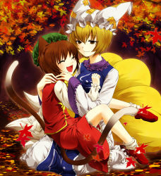 Rule 34 | 2girls, :d, animal ears, autumn, blonde hair, brown hair, cat ears, cat girl, cat tail, chen, closed eyes, female focus, fox tail, happy, hat, hug, leaf, maple leaf, multiple girls, multiple tails, nohko, open mouth, short hair, sitting, sitting on lap, sitting on person, smile, tail, touhou, yakumo ran, yellow eyes