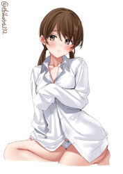 Rule 34 | 1girl, barefoot, blush, bow, bow panties, breasts, brown eyes, collarbone, collared shirt, cropped legs, dress shirt, ebifurya, highres, kantai collection, long sleeves, looking at viewer, low twintails, no pants, one-hour drawing challenge, panties, parted lips, shirayuki (kancolle), shirt, simple background, sleeves past fingers, sleeves past wrists, small breasts, solo, sweatdrop, thighs, twintails, twitter username, underwear, white background, white panties, white shirt
