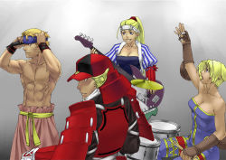 Rule 34 | 2boys, 2girls, armor, armpits, bare shoulders, belt, blonde hair, blue eyes, brass knuckles, breasts, cleavage, clenched hand, drum, elbow gloves, final fantasy, final fantasy tactics, fingerless gloves, gloves, grin, guitar, hat, headband, helmet, instrument, japanese clothes, long hair, microphone, monk, monk (fft), muhamado, multiple boys, multiple girls, pants, ponytail, samurai, samurai (fft), short hair, simple background, smile, topless male, unitard, weapon, wristband