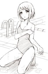 Rule 34 | 10s, 1girl, breasts, competition school swimsuit, greyscale, kneeling, md5 mismatch, monochrome, nisekoi, one-piece swimsuit, onodera kosaki, pool, pool ladder, poolside, resolution mismatch, school swimsuit, short hair, sketch, small breasts, solo, source smaller, strap slip, swimsuit, tonee, undressing, wet