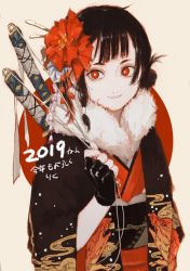 Rule 34 | 1girl, 2019, black gloves, black hair, bright pupils, chinese zodiac, circle, fingerless gloves, flower, fur collar, gloves, hair flower, hair ornament, hair stick, hair tubes, haori, happy new year, japanese clothes, katana, kimono, ligton1225, looking at viewer, new year, obi, original, red eyes, red flower, red kimono, sash, sheath, sheathed, short hair, smile, solo, sword, upper body, weapon, white background, white pupils, year of the pig