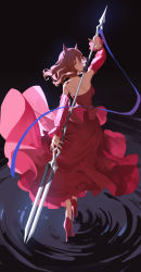 Rule 34 | 1girl, animal ear fluff, animal ears, black background, blue ribbon, brown hair, commentary request, detached sleeves, dress, fox ears, from behind, full body, high heels, highres, holding, holding polearm, holding weapon, long hair, looking at viewer, looking back, original, parted lips, polearm, red dress, red footwear, red sleeves, ribbon, ripples, solo, stadium, strapless, strapless dress, tsuki-shigure, water, weapon