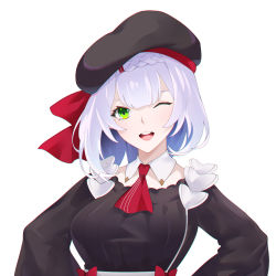 Rule 34 | 1girl, alternate costume, beret, black hat, breasts, genshin impact, green eyes, hat, maid, medium breasts, noelle (genshin impact), noelle (kfc) (genshin impact), one eye closed, open mouth, short hair, silver hair, simple background, smile, solo, teeth, toki to shishin, upper body, upper teeth only, white background