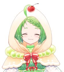 Rule 34 | 1girl, ahoge, blush, bow, braid, braided bangs, brown capelet, capelet, cherry, closed eyes, closed mouth, copyright request, dress, facing viewer, food, fruit, green dress, green eyes, green hair, hood, hood up, hooded capelet, ittokyu, official art, parted bangs, polka dot, polka dot dress, puffy sleeves, red bow, see-through, see-through sleeves, simple background, smile, solo, striped, striped bow, upper body, virtual youtuber, white background