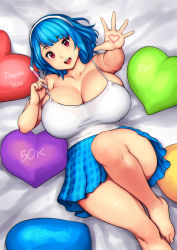 Rule 34 | 1girl, absurdres, balloon, barefoot, blue hair, blue skirt, blunt bangs, breasts, cleavage, commentary, english commentary, english text, erkaz, hairband, heart, highres, huge breasts, looking at viewer, lying, marker, medium hair, on back, on bed, original, red eyes, rina atherina, skirt, tank top, white hairband, white tank top
