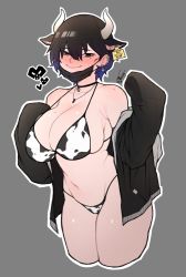 Rule 34 | 1girl, animal ears, animal print, bikini, blush, breasts, choker, cow ears, cow print, ear piercing, ear tag, eugene (ginseng), ginseng (xin), grey background, horns, large breasts, mask, unworn mask, midriff, mole, mole on breast, mole on shoulder, mole under eye, mouth mask, navel, original, piercing, print bikini, simple background, smile, solo, swimsuit, tag
