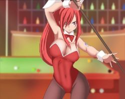 Rule 34 | 1girl, animal ears, breasts, cleavage, collar, erza scarlet, fairy tail, fake animal ears, large breasts, leotard, long hair, looking at viewer, orange eyes, pantyhose, playboy bunny, pool table, rabbit ears, red hair, solo, table, tattoo