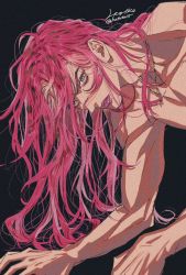Rule 34 | 1boy, bent over, diavolo, film grain, gold necklace, green eyes, green hair, hagiko15, highres, jewelry, jojo no kimyou na bouken, leaning forward, lipstick, long hair, looking at viewer, makeup, male focus, messy hair, multicolored hair, necklace, parted lips, pink hair, solo, spotted hair, two-tone hair, v-shaped eyebrows, vento aureo, very long hair