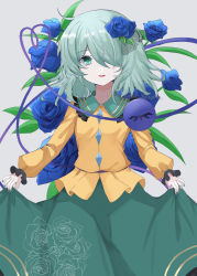 Rule 34 | 1girl, blue flower, blue nails, blue rose, buttons, closed mouth, collar, commentary request, diamond button, eyelashes, floral print, flower, frilled collar, frilled sleeves, frills, green eyes, green hair, green skirt, grey background, hair over one eye, heart, heart-shaped pupils, highres, komeiji koishi, kuro wa shinoru, long sleeves, looking at viewer, nail polish, no headwear, open mouth, puffy long sleeves, puffy sleeves, rose, rose print, shirt, short hair, simple background, skirt, skirt hold, solo, symbol-shaped pupils, third eye, touhou, twitter username, wide sleeves, yellow shirt
