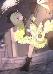 Rule 34 | 1girl, absurdres, black headwear, blurry, boots, braid, commentary request, depth of field, dress, french braid, frilled dress, frills, green hair, highres, holding, holding umbrella, kajiwara 3, kusanagi nene, light particles, looking at viewer, medium hair, open mouth, project sekai, purple eyes, signature, solo, sunlight, teeth, umbrella, upper teeth only, yellow dress