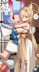 Rule 34 | 1girl, absurdres, animal ears, blonde hair, blue archive, blue hair, breasts, character doll, chise (blue archive), doll, feipin zhanshi, fox ears, fox girl, hair over one eye, hairband, halo, highres, holding, holding doll, horns, hugging doll, hugging object, japanese clothes, kaho (blue archive), kimono, large breasts, long hair, looking at viewer, mole, mole under mouth, oni horns, orange hairband, red eyes, sideboob, smile, solo, standing, very long hair, white kimono, yellow eyes, yellow halo