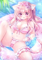 Rule 34 | 1girl, animal ear fluff, animal ears, barefoot, bikini, blush, bow, breasts, bridal garter, cameltoe, cat ears, cat girl, cat tail, chiika (cure cherish), cleavage, floating, hair bow, highres, innertube, knee up, legs, long hair, looking at viewer, lying, navel, on back, open mouth, original, outdoors, pink bikini, pink eyes, pink hair, ribbon, side-tie bikini bottom, smile, solo, spread legs, striped bikini, striped clothes, swim ring, swimsuit, tail, thighs, water