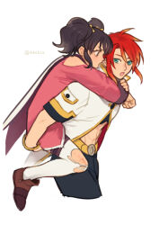 Rule 34 | 1boy, 1girl, abs, anise tatlin, black hair, blue eyes, brown footwear, cape, carrying, coat, commentary request, gold trim, luke fon fabre, medium hair, meiji (pecosyr5), open mouth, piggyback, red hair, shoes, simple background, tales of (series), tales of the abyss, thighhighs, torn clothes, torn thighhighs, twintails, white background, white cape, white coat, white thighhighs
