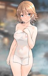 Rule 34 | 1girl, blurry, blurry background, breasts, brown hair, collarbone, covered erect nipples, covered navel, covering privates, female pubic hair, flipped hair, furaggu (frag 0416), grey hair, hiei (kancolle), highres, kantai collection, large breasts, naked towel, nude cover, onsen, pubic hair, see-through, short hair, solo, standing, towel, white towel