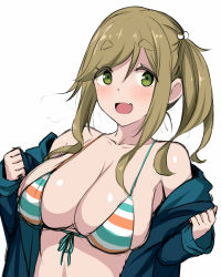 Rule 34 | 1girl, :d, bikini, breasts, brown hair, cleavage, collarbone, fang, green eyes, hood, hoodie, horosuke, inuyama aoi, jacket, large breasts, long hair, looking at viewer, open clothes, open jacket, open mouth, side ponytail, simple background, skin fang, smile, solo, swimsuit, thick eyebrows, white background, yurucamp