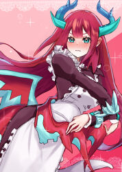 Rule 34 | 1girl, apron, blue eyes, blue horns, blush, breasts, dragon girl, dragon horns, dragon tail, dress, duel monster, highres, horns, kitchen dragonmaid, large breasts, long hair, long sleeves, looking at viewer, maid, maid apron, maid headdress, noppe, puffy sleeves, red hair, tail, yu-gi-oh!