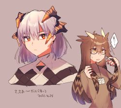 Rule 34 | 2girls, alternate hairstyle, arknights, bags under eyes, brown background, brown shirt, closed mouth, commentary request, cropped torso, dated, dragon horns, eyes visible through hair, feather hair, frown, glasses, hair between eyes, hairstyle switch, hand in own hair, horns, id card, kawaii inu5, lanyard, long hair, long sleeves, looking at viewer, multiple girls, nail polish, orange eyes, orange nails, parted lips, saria (arknights), shirt, short hair, silence (arknights), silver hair, simple background, speech bubble, sweatdrop, translation request, upper body, white shirt