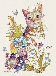 Rule 34 | animal, animal focus, blending, blue flower, cat, daisy, flower, full body, grass, green eyes, highres, leaf, looking at viewer, no humans, original, painting (medium), simple background, sitting, solo, takedahiroki, traditional media, watercolor (medium), whiskers, white flower, yellow background