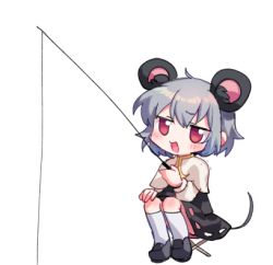 Rule 34 | 1girl, animal ears, black footwear, blouse, blue eyes, blush, capelet, chair, commentary request, cookie (touhou), fishing line, fishing rod, full body, grey hair, grey skirt, grey vest, long sleeves, lowres, mouse ears, nazrin, nyon (cookie), open mouth, red eyes, shirt, shoes, short hair, simple background, sitting, skirt, socks, solo, touhou, vest, white background, white capelet, white shirt, white socks, xox xxxxxx