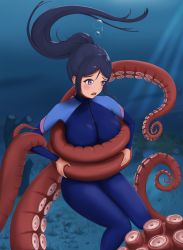 Rule 34 | 1girl, air bubble, artist request, blue hair, bodysuit, breasts, bubble, commission, dessociate, diving suit, highres, imminent rape, large breasts, light blush, long hair, love live!, love live! sunshine!!, matsuura kanan, octopus, ponytail, purple eyes, struggling, tentacles, underwater, wetsuit