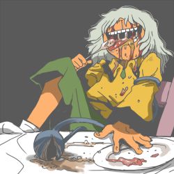 Rule 34 | 1girl, blood, blood on face, blouse, collared shirt, covered eyes, crazy, eating, female focus, food, grey background, guro, hat, komeiji koishi, messy hair, onikobe rin, plate, shirt, simple background, sitting, solo, touhou, yellow shirt
