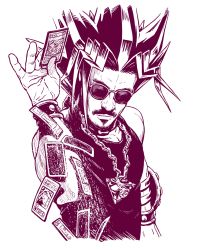 Rule 34 | 1boy, arm up, beard, card, chain, collar, duel disk, dyed bangs, facial hair, gold chain, greyscale, highres, jewelry, male focus, meme, millennium puzzle, monochrome, mustache, muto yugi, necklace, nusret gokce, sakkan, salt, salt bae (meme), simple background, solo, spiked hair, standing, sunglasses, tank top, upper body, white background, wrist cuffs, yu-gi-oh!