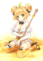 Rule 34 | 1girl, bare shoulders, blonde hair, blush, bow, bowtie, breasts, bridal gauntlets, cleavage, detached collar, detached sleeves, double bun, earrings, green eyes, hair bow, hair bun, high heels, honey, honey dipper, jewelry, large breasts, looking at viewer, nardack, orange theme, original, short hair, sitting, solo, thighhighs, wariza, white thighhighs