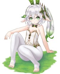 Rule 34 | 1girl, :o, absurdres, animal ears, arm support, bare arms, bare shoulders, bow, bowtie, braid, breasts, colored tips, cross-shaped pupils, fake animal ears, feet, full body, genshin impact, gold trim, gradient hair, green bow, green bowtie, green eyes, green hair, hair ornament, highres, leaf hair ornament, leotard, long hair, looking at viewer, multicolored hair, nahida (genshin impact), pantyhose, parted lips, playboy bunny, pointy ears, poorgom, rabbit ears, side ponytail, simple background, sitting, small breasts, solo, stirrup legwear, strapless, strapless leotard, symbol-shaped pupils, toeless legwear, toes, two-tone hair, white background, white hair, white pantyhose