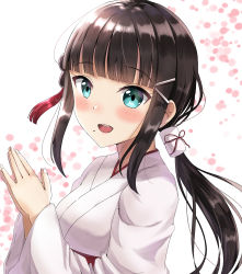 Rule 34 | 1girl, :d, absurdres, black hair, blue eyes, blunt bangs, floating hair, hair ornament, highres, japanese clothes, kimono, kurosawa dia, long hair, long sleeves, love live!, love live! school idol festival, love live! sunshine!!, miko, mole, mole under mouth, open mouth, own hands together, sidelocks, sin (sin52y), smile, solo, upper body, very long hair, white background, white kimono