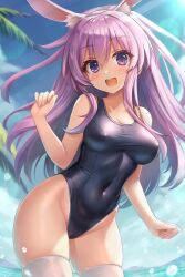 Rule 34 | 1girl, animal ear fluff, animal ears, arm up, blue one-piece swimsuit, breasts, choujigen game neptune mk2, cloud, covered erect nipples, covered navel, groin, highleg, highleg swimsuit, kazuneko (wktk1024), large breasts, long hair, looking at viewer, nepgear, neptune (series), one-piece swimsuit, open mouth, outdoors, purple eyes, purple hair, rabbit ears, school swimsuit, sky, smile, solo, swimsuit, taut clothes, taut swimsuit, thighhighs, thighs, wading, water, white thighhighs