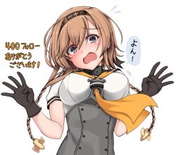 Rule 34 | 1girl, bad id, bad twitter id, black gloves, blush, braid, breasts, clothes writing, corset, gloves, headband, kantai collection, light brown hair, long hair, looking at viewer, medium breasts, open mouth, purple eyes, sailor collar, short sleeves, simple background, solo, teruzuki (kancolle), translation request, twin braids, upper body, white background, yellow neckwear, z5987