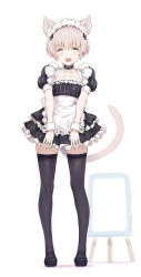 Rule 34 | 1girl, absurdres, alternate costume, animal ears, apron, black dress, black thighhighs, blue eyes, cat ears, cat tail, dress, enmaided, full body, highres, kantai collection, looking at viewer, maid, maid headdress, ryo (tg290), short hair, simple background, solo, tail, thighhighs, waist apron, white apron, white background, yellow eyes, z1 leberecht maass (kancolle)