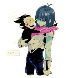 Rule 34 | 1boy, 1other, :|, androgynous, antenna hair, arm at side, armor, black bodysuit, black hair, black jacket, blue hair, blue skin, blush stickers, bodysuit, bodysuit under clothes, breastplate, cape, carrying, child carry, closed mouth, clothes grab, colored skin, cowboy shot, cropped legs, deltarune, from side, gauntlets, jacket, kris (deltarune), looking at another, mini person, miniboy, no nose, omomomizu, one eye covered, open mouth, pants, pauldrons, pink-tinted eyewear, pink cape, pointy nose, red eyes, round eyewear, shaded face, short hair, shoulder armor, simple background, sitting on arm, smile, spamton g. spamton, speech bubble, standing, sunglasses, teeth, tinted eyewear, translated, unamused, white background, white pants, yellow-tinted eyewear