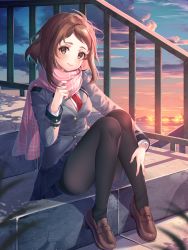 Rule 34 | 10s, 1girl, black pantyhose, blazer, blue skirt, blurry, blurry foreground, blush, boku no hero academia, brown eyes, brown footwear, brown hair, closed mouth, cloud, cloudy sky, commentary request, depth of field, fingernails, grey jacket, head tilt, highres, jacket, kinty, loafers, long sleeves, neckerchief, ocean, outdoors, pantyhose, pink scarf, pleated skirt, red neckerchief, scarf, school uniform, shirt, shoes, sitting, sitting on stairs, skirt, sky, smile, solo, stairs, stone stairs, sunset, u.a. school uniform, uraraka ochako, white shirt