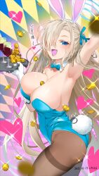 Rule 34 | 1girl, animal ears, aqua leotard, arm up, armpits, asuna (blue archive), asuna (bunny) (blue archive), blonde hair, blue archive, blue bow, blue bowtie, blue eyes, blue leotard, blush, bow, bowtie, breasts, coin, cup, detached collar, drinking glass, fake animal ears, hair over one eye, halo, highleg, highleg leotard, highres, holding, holding tray, large breasts, leotard, long hair, looking at viewer, making-of available, mokyutan, mole, mole on breast, official alternate costume, open mouth, pantyhose, playboy bunny, rabbit ears, smile, solo, strapless, strapless leotard, thighband pantyhose, traditional bowtie, tray